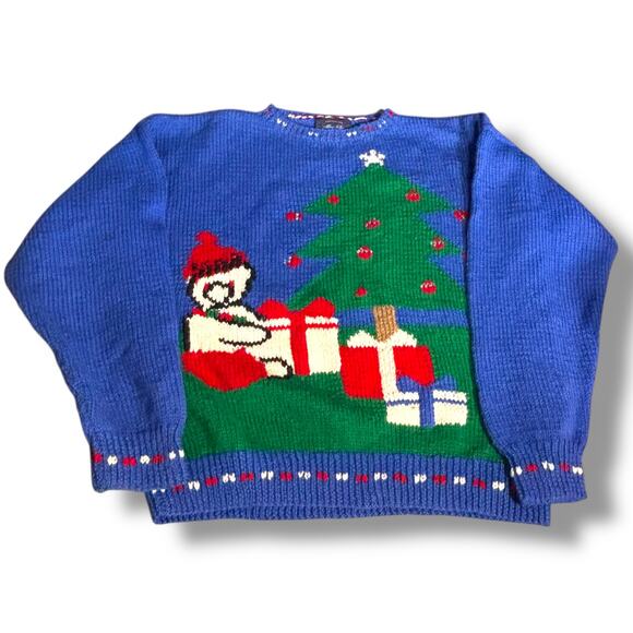 Vintage 90s Allen Solly Wool Christmas Sweater Tree Gifts Santa Hat Blue Large - Picture 9 of 15